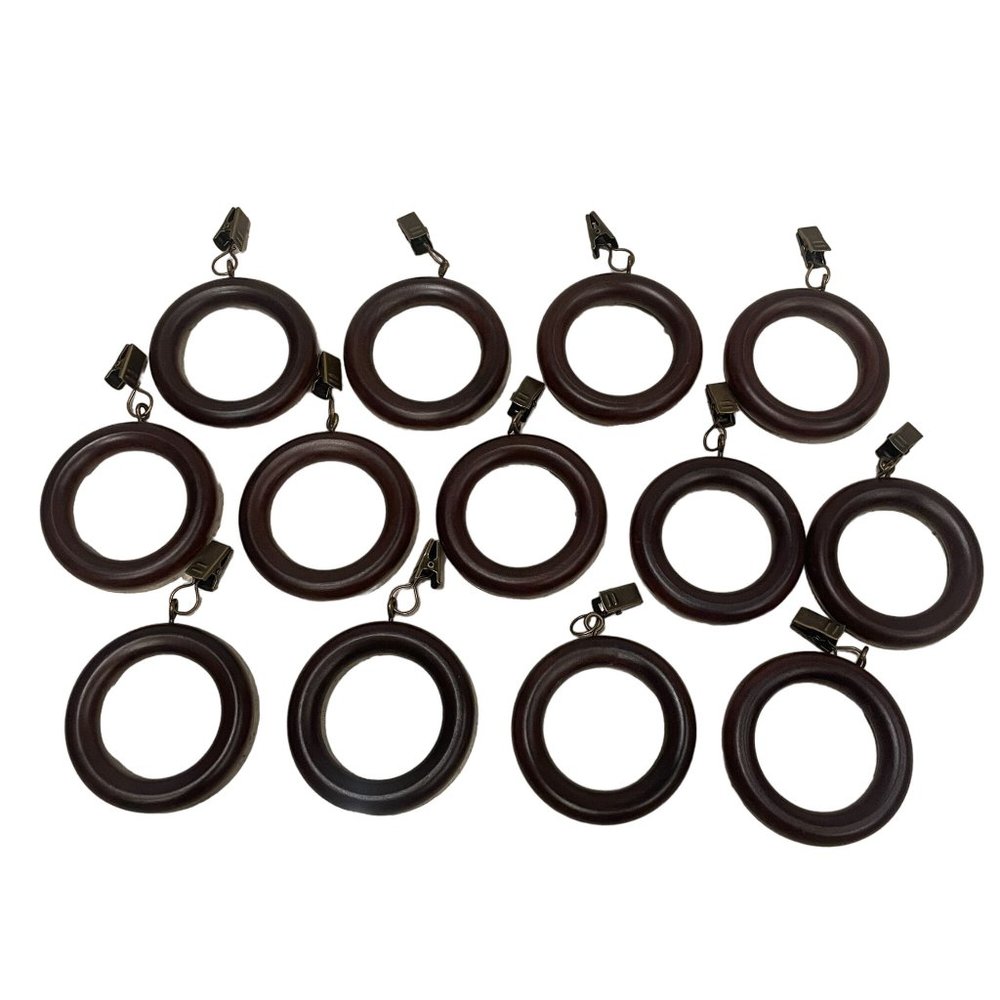 Vintage MCM Large Round Wooden Curtain Rod Drapery Rings Eye Hooks Lot of 13